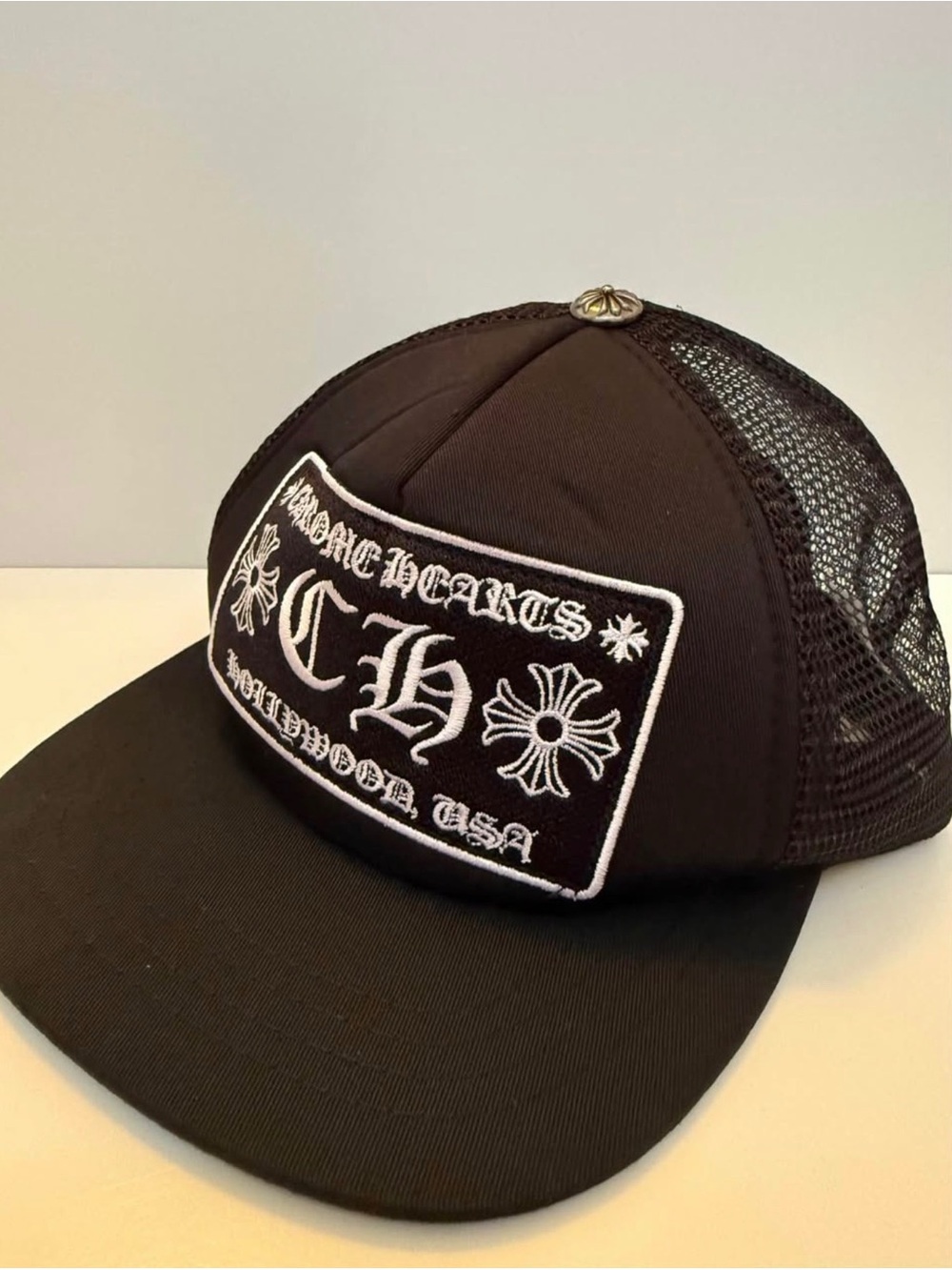 Chrome Hearts Black and White Mesh Logo Trucker Cap